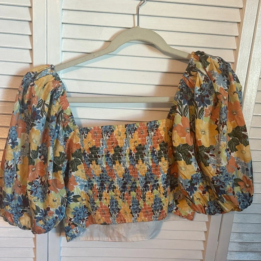 Abercrombie & Fitch Floral Puff Sleeve Crop Top - Blue, Yellow, Orange
